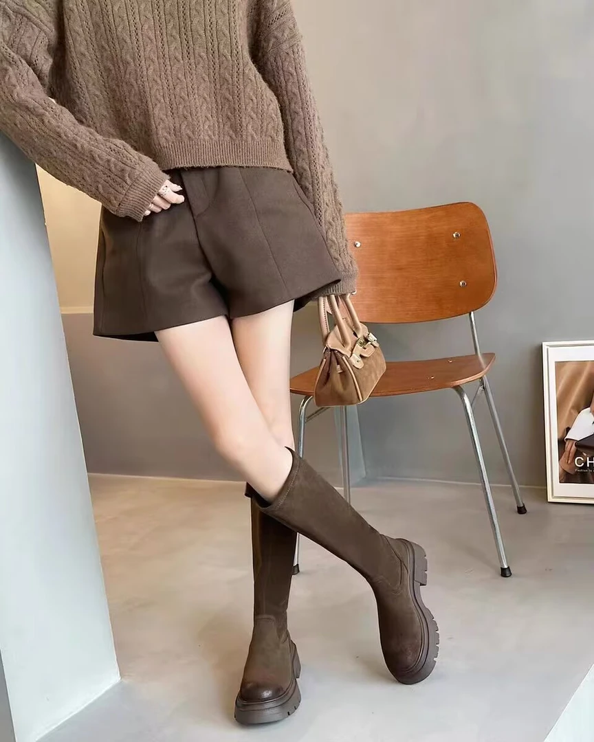 5926-2新品女靴平底长筒靴显瘦弹力靴潮款高筒女靴百搭时尚靴子