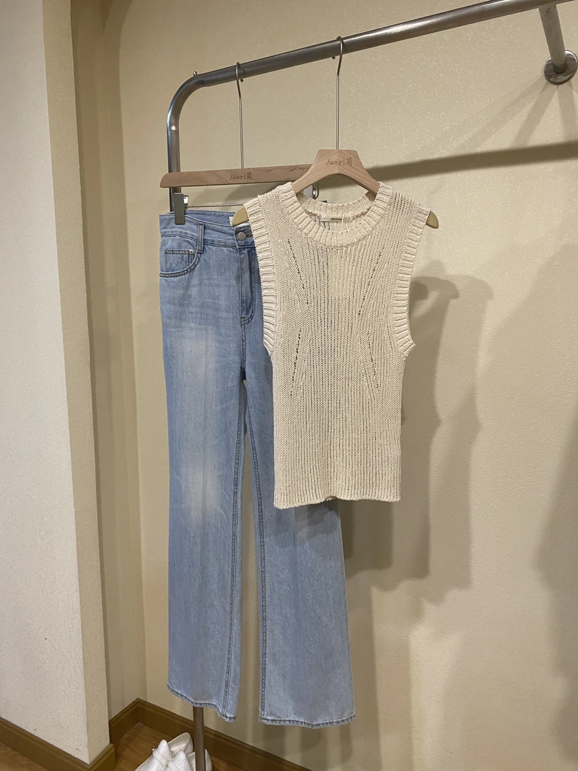 百搭显瘦米白色无袖针织牛仔夏季背心蓝色套装气质女装女士休闲