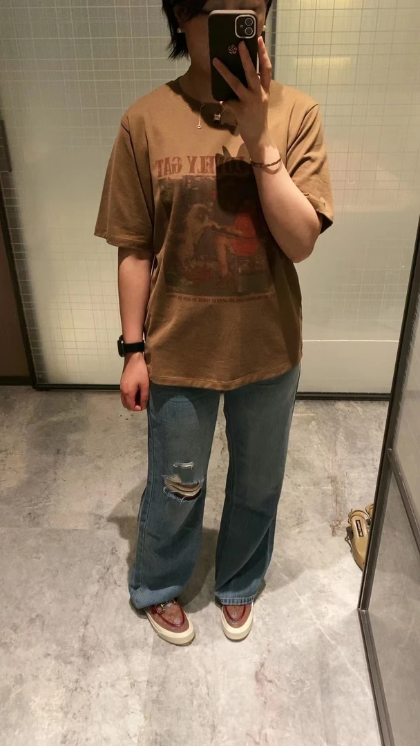 休闲百搭欧式风格小众短袖宽松夏季圆领印花牛仔复古时尚设计感