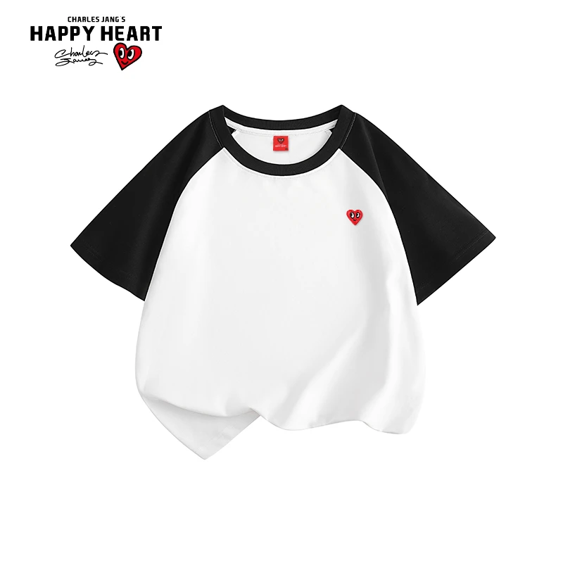 查尔斯桃心 儿童款纯棉短袖拼色插肩休闲宽松男女同款中大童xs