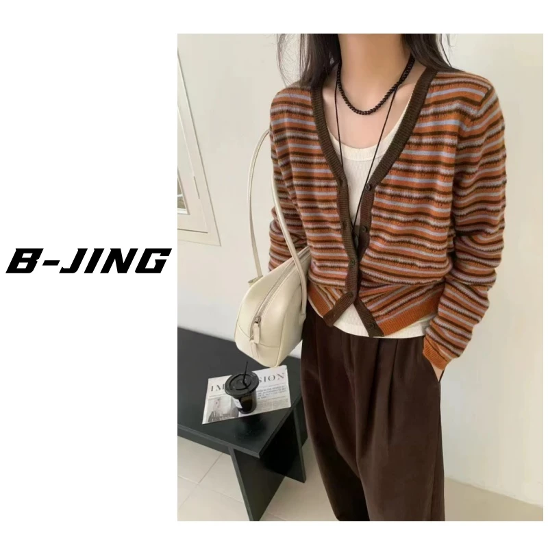 【莎莎家】条纹V领开衫长袖打底时尚百搭宽松休闲