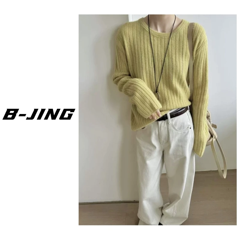 【莎莎家】圆领套头长袖细坑条时尚百搭宽松休闲