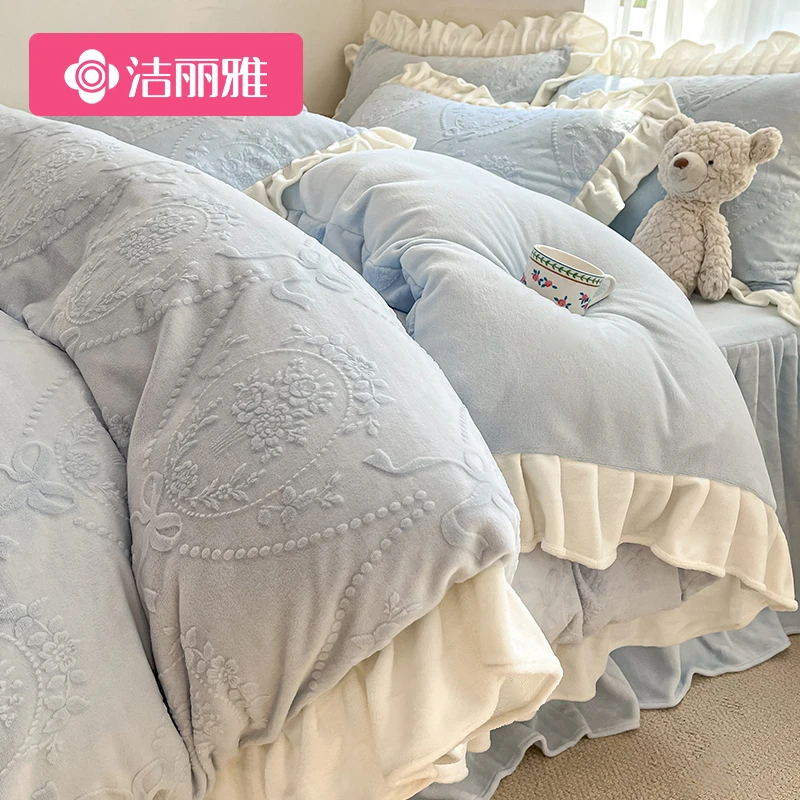 冬季公主风雕花牛奶绒床上四件套加厚珊瑚绒面被套床单床品三件套