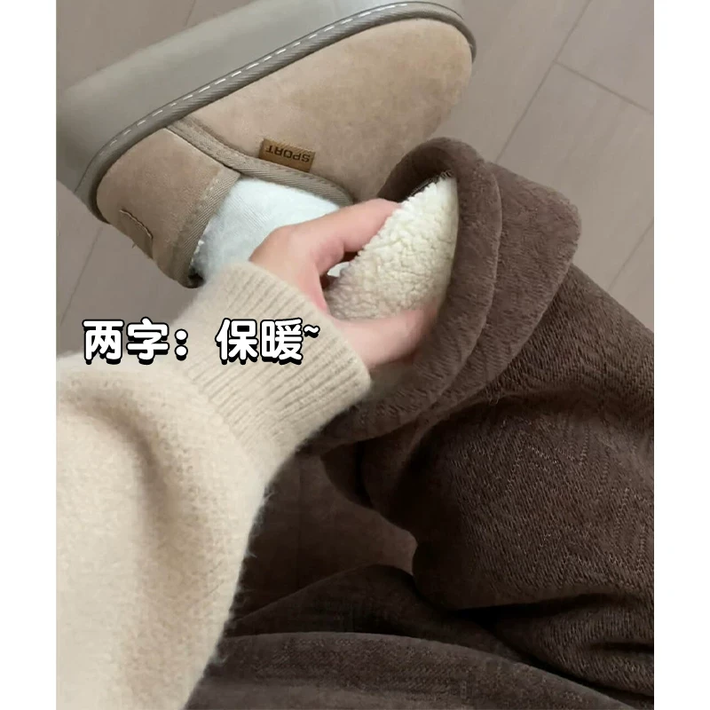 咖色人字纹加绒阔腿裤女秋冬2024新款高腰休闲直筒慵懒羊羔绒裤子