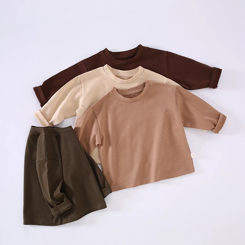 儿童童装打底衫女童男童宝宝纯色上衣简约宽松百搭长袖洋气纯棉