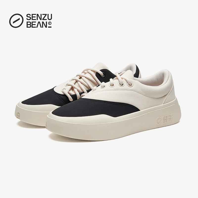 SENZU BEAN新款仙豆板鞋SZB休闲鞋黑白撞色拼接平底低帮潮流男鞋