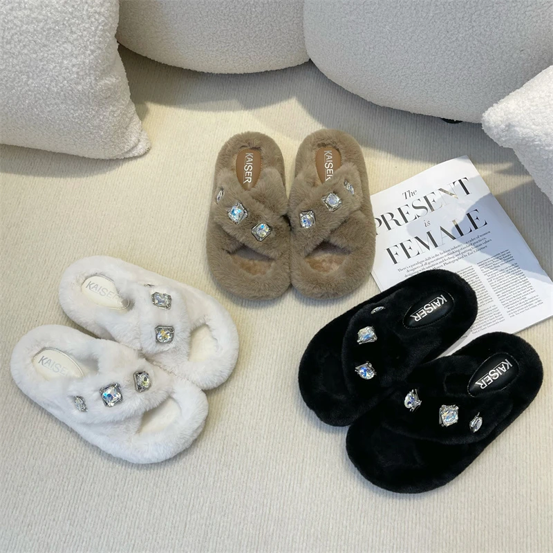 凯撒KAISER高级百搭外穿带钻毛毛平底拖鞋KS9710