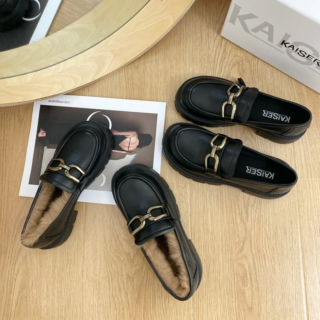 凯撒KAISER款法式金属扣厚底增高乐福鞋（单里/兔毛款 ）