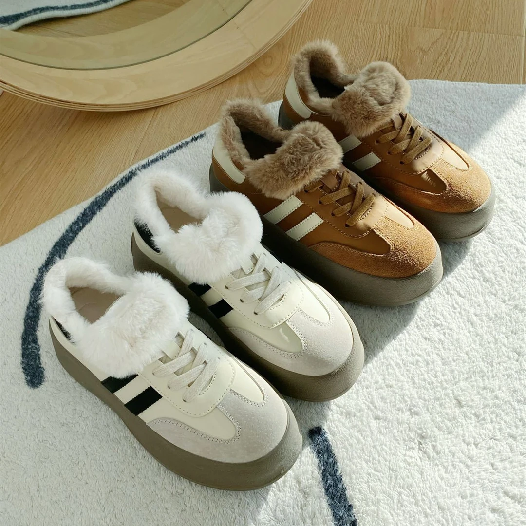 时尚百搭运动韩版平底加厚真皮温暖绒里厚底德训休闲鞋(2327)