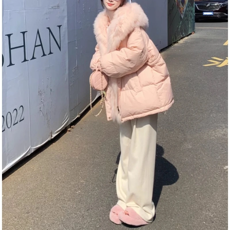 韩版轻奢狐狸毛大毛领连帽羽绒服女2023冬季新款90白鸭绒保暖外套