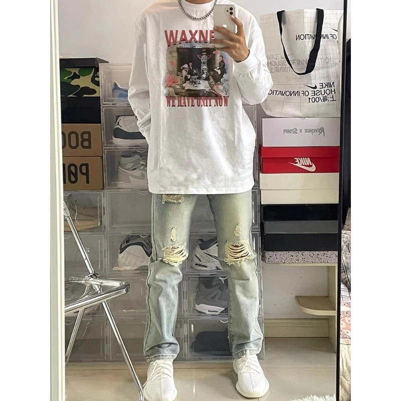 潮牌复古油画印花长袖t恤男秋冬新款2-300斤白色百搭打底衫上衣