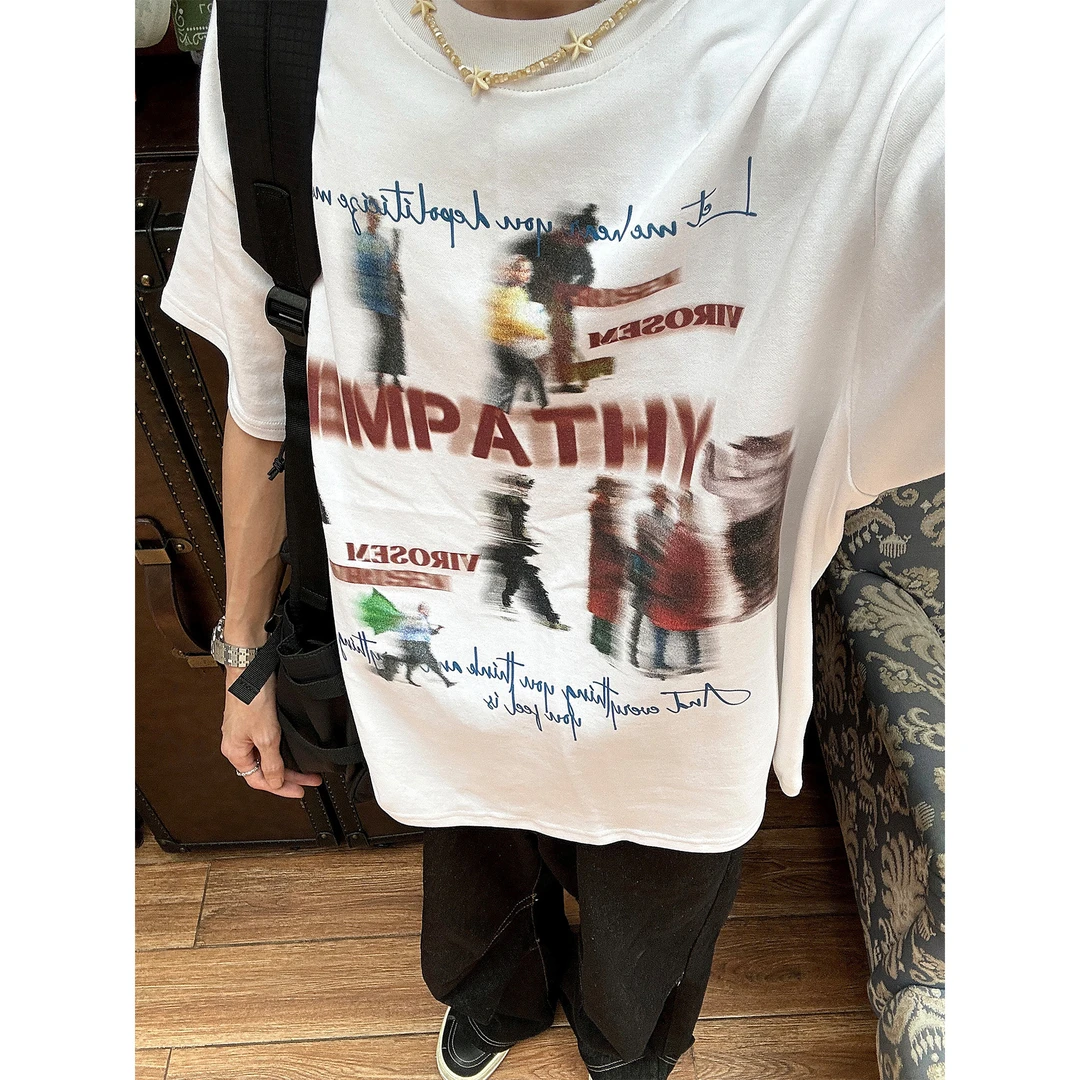 2024美式复古潮牌虚幻人像印花短袖T恤男情侣宽松大码2-300斤上衣