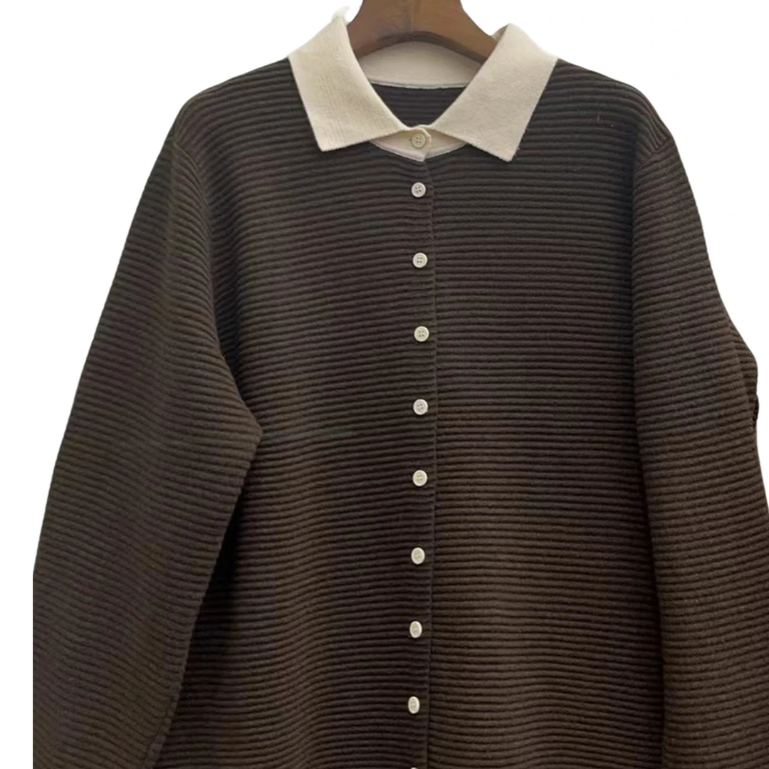 秋冬季新款开衫毛衣针织时尚假两件翻领休闲宽松显瘦撞色毛衣长袖