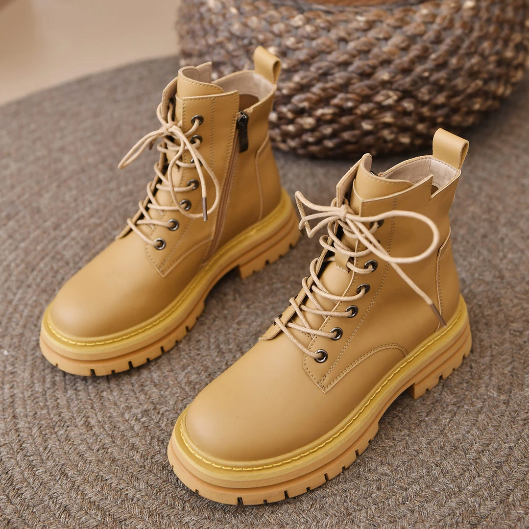 休闲真皮女英伦风大黄靴靴子百搭软底厚底牛皮女鞋22905春秋