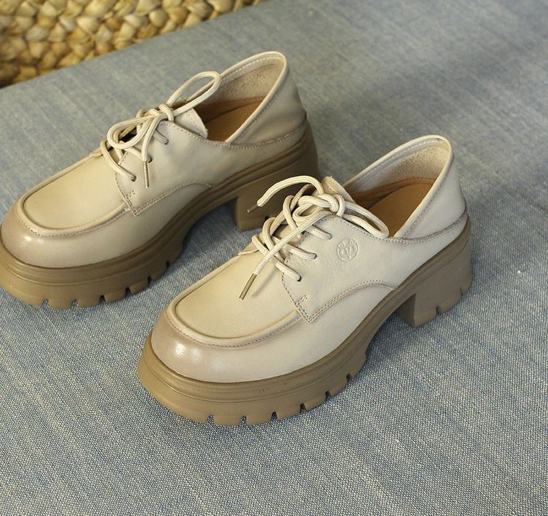 新款厚底乐福鞋头层牛皮真皮圆头乐福鞋春季百搭休闲手工女鞋浅色