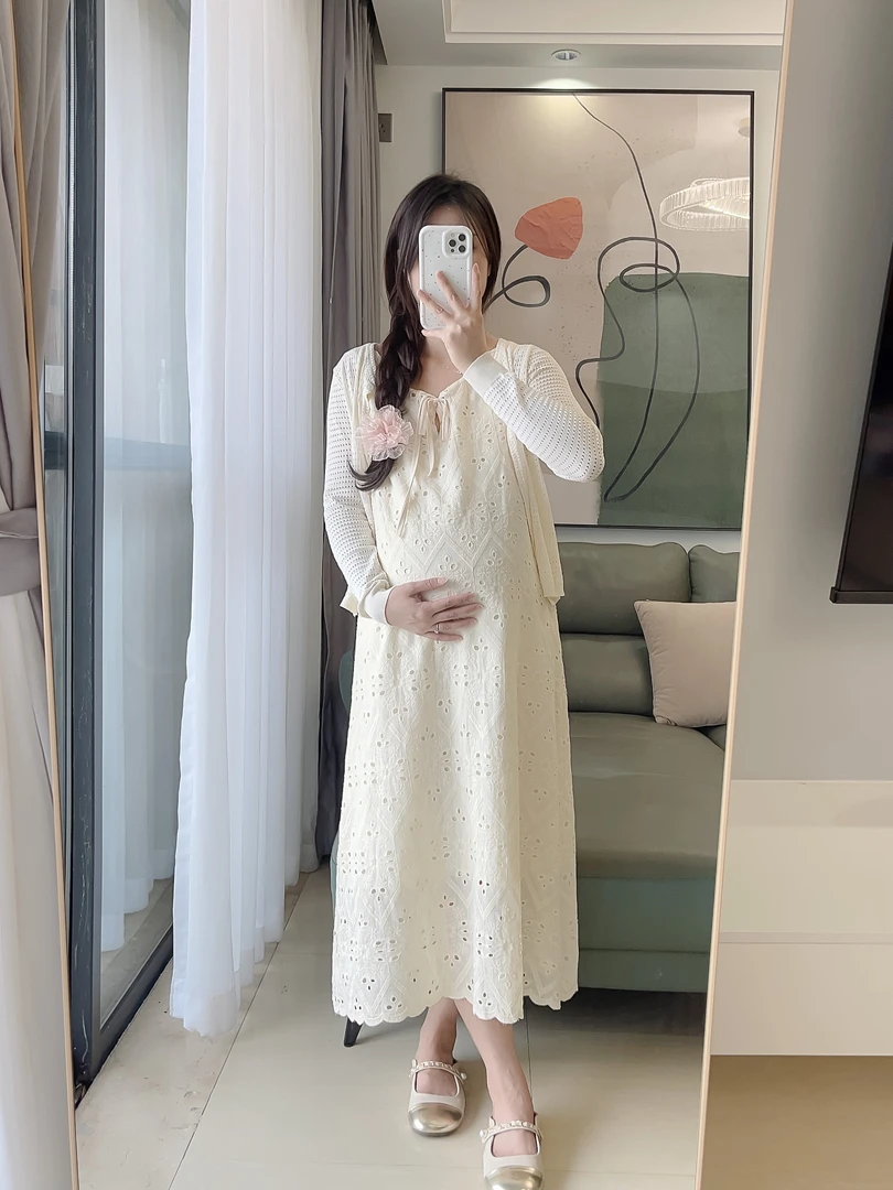 孕妇装2024夏季新款孕妈蕾丝宽松无袖吊带连衣裙＋防晒开衫两件套
