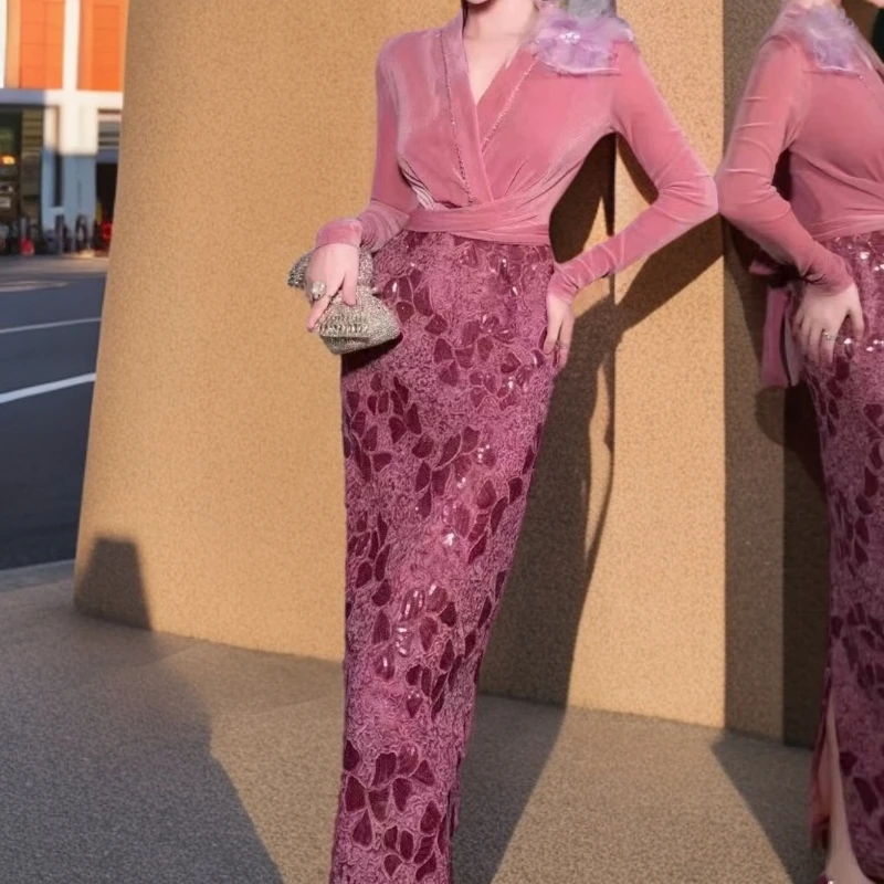 法式优雅连衣裙高级感重工亮片丝绒提花修身减龄气质长裙