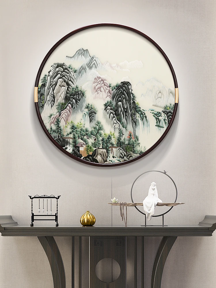 江山如画新中式玄关装饰画迎客松苏绣挂画客厅山水画圆形餐厅茶室