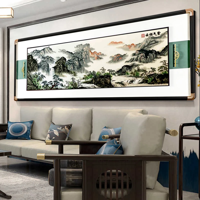 新款苏绣紫气祥云新中式刺绣客厅沙发背景横幅装饰画