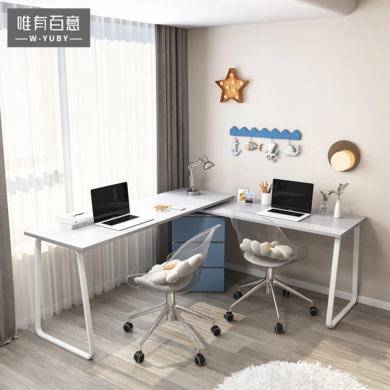 电脑书桌家用办公简约台式轻奢简易双桌面双人书桌书架书柜一体