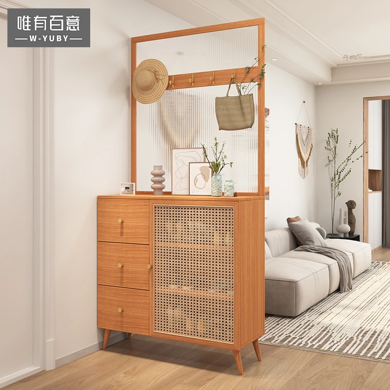 进门玄关柜鞋柜一体原木风藤编门入户客厅落地屏风隔断柜门厅柜