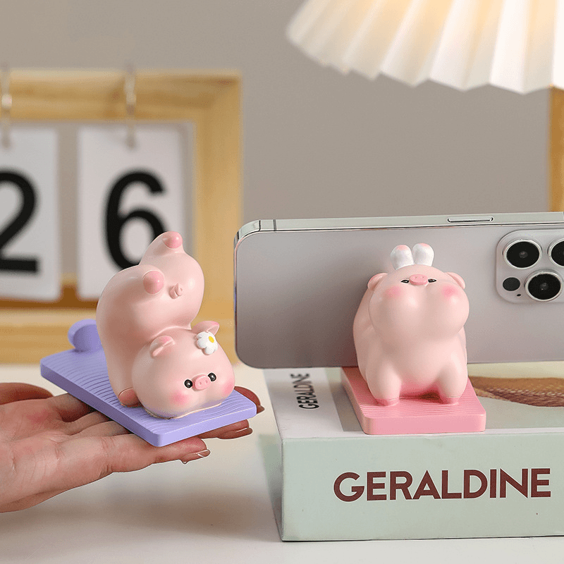 新款可爱瑜伽小猪手机支架办公室解压桌面小摆件树脂手机架小礼物