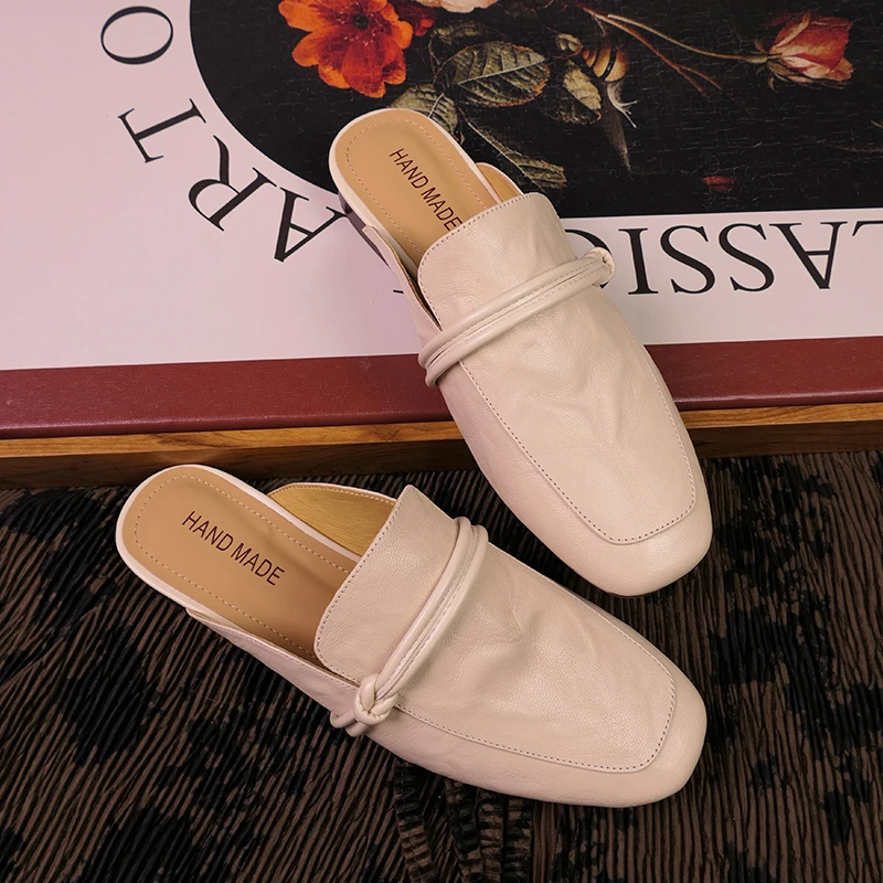 【CHANAI】气质时尚百搭圆头真皮平底一脚蹬夏季新款休闲女士拖鞋软