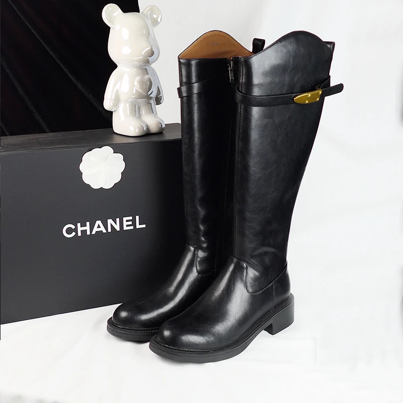 【CHANAI】秋冬V口显瘦圆头粗中跟时尚气质不过膝高筒真皮加绒长靴