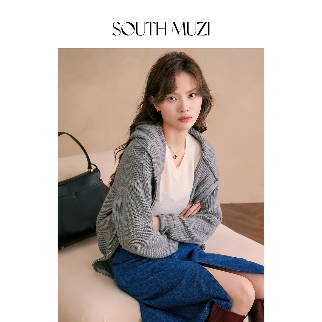 【灰韵领雅】女士复古时尚针织连帽外套长款宽松纯色秋季QDY5