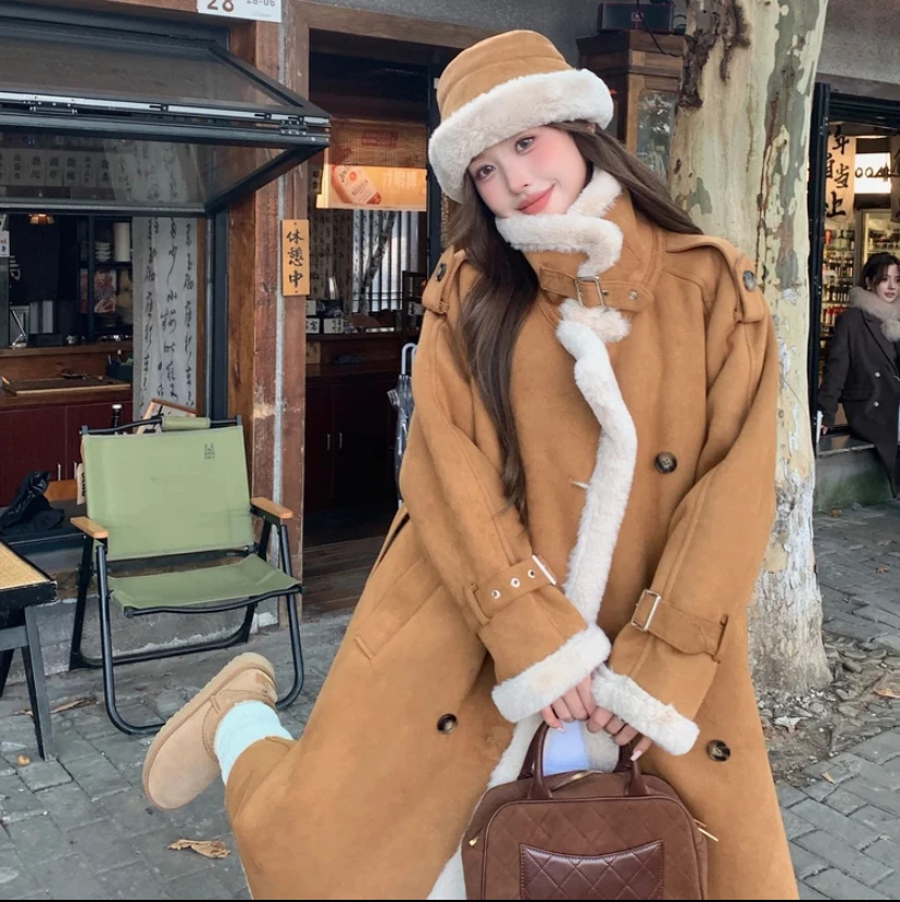 24新款加绒加厚皮毛一体大衣女款百搭气质显瘦长款大衣外套9813