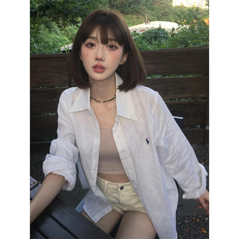 棉麻复古白色衬衫女夏季薄款宽松防晒长袖外套oversize休闲上衣潮