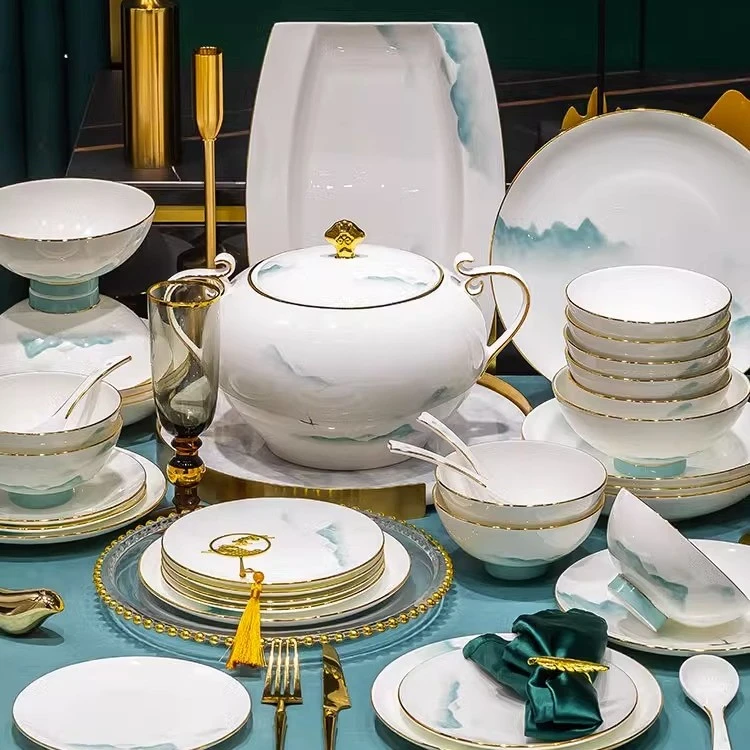 景亿泰陶瓷60件醉仙居中式碗碟套装家用景德镇陶瓷骨瓷套装碗盘筷