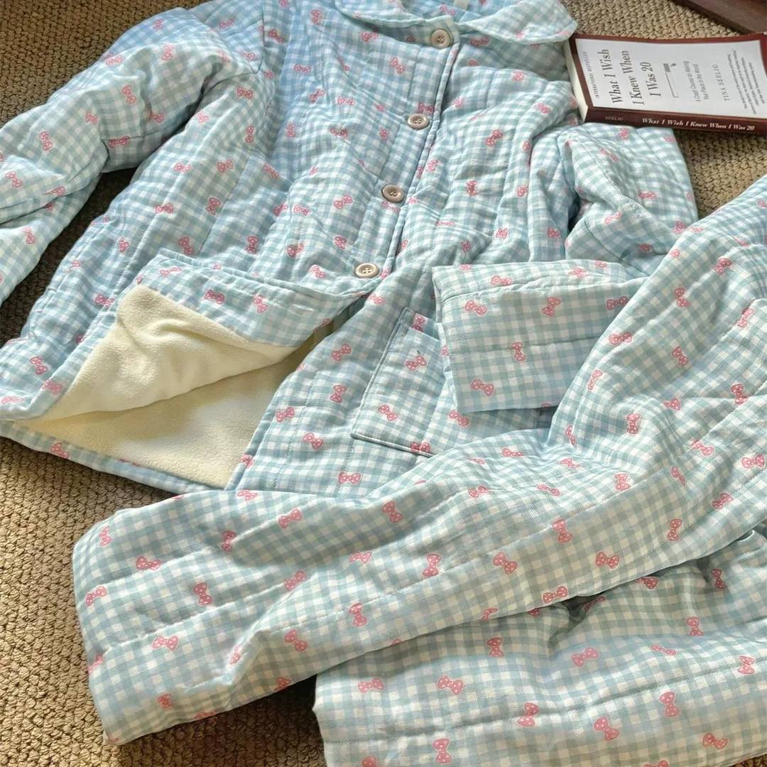 【蝴蝶结夹棉】法式甜美少女印花睡衣女冬季加厚大码家居服套装外穿