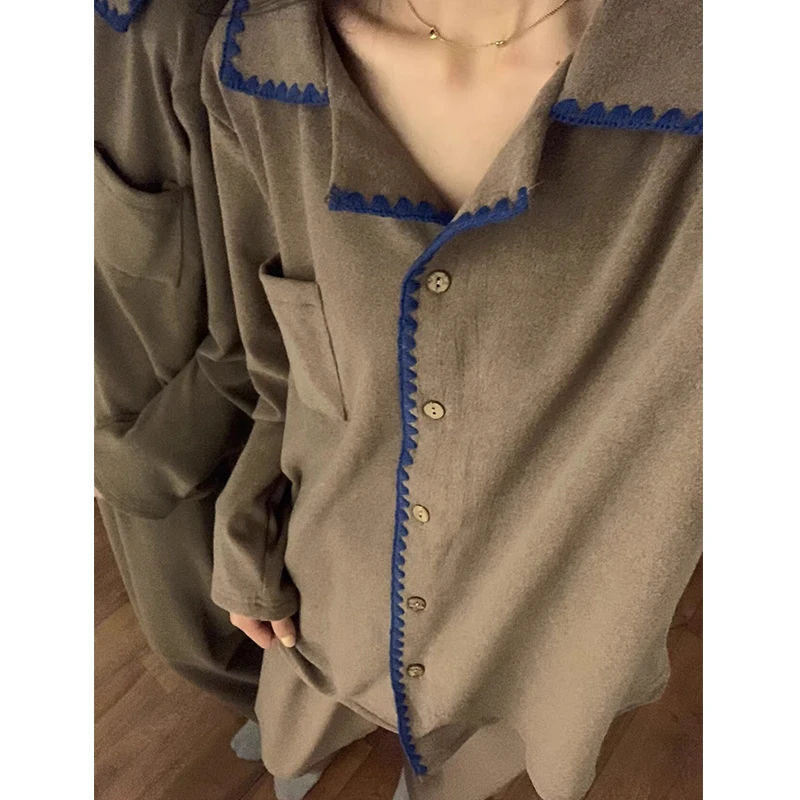 韩版舒适德绒ins韩简约睡衣女套装秋冬款长袖长裤大码休闲家居服