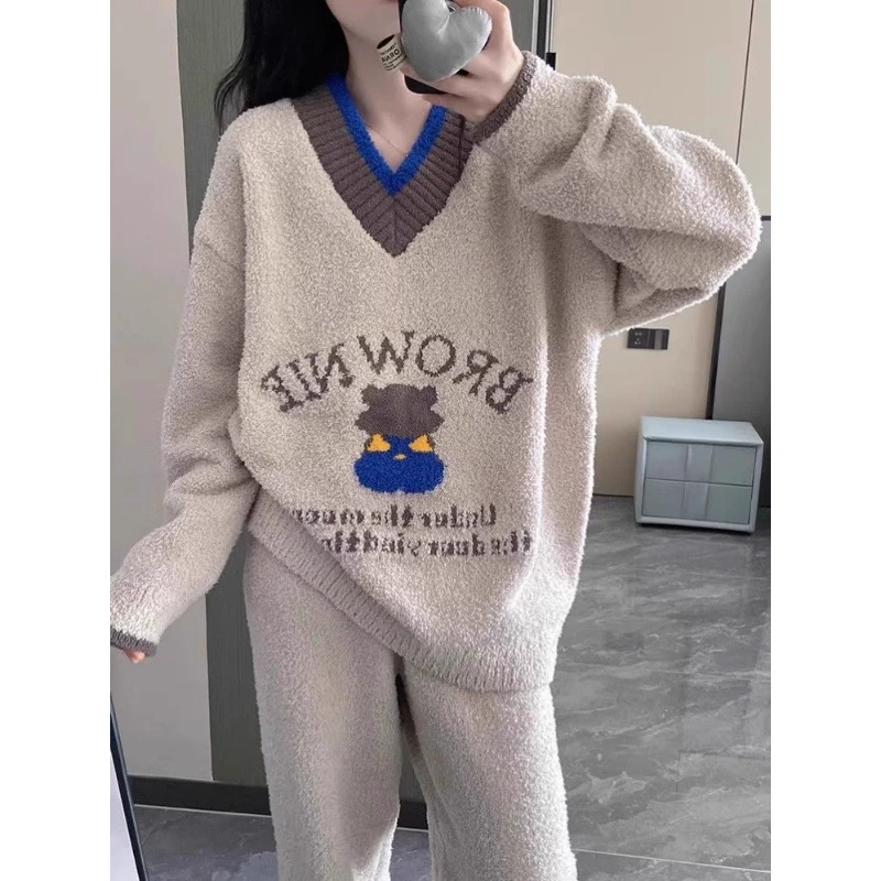 韩版V领半边绒卡通睡衣女款秋冬季可爱风加厚撞色针织家居服套装