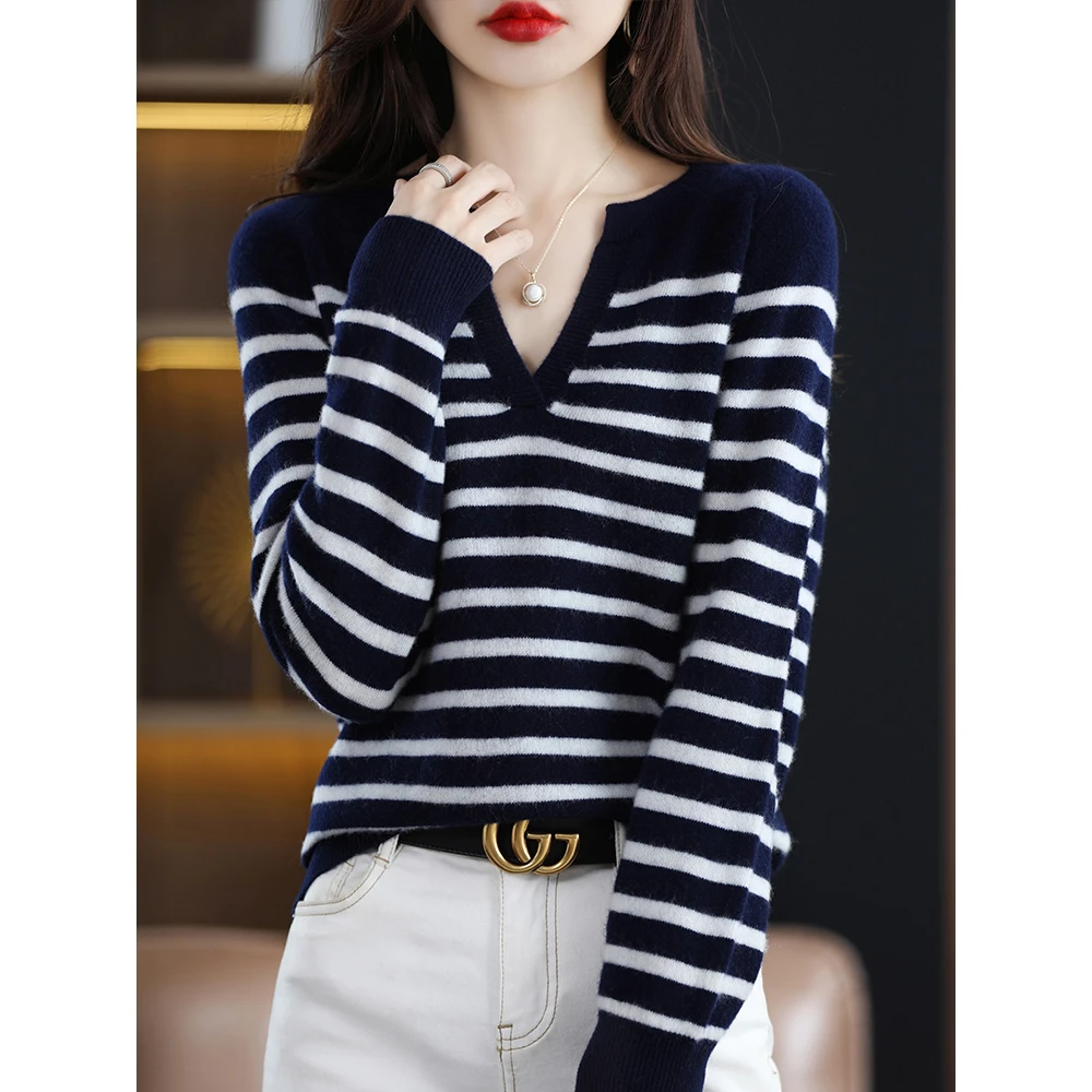 23春季新款V领条纹100%纯羊毛衫毛衣女士针织打底衫羊绒宽松内搭