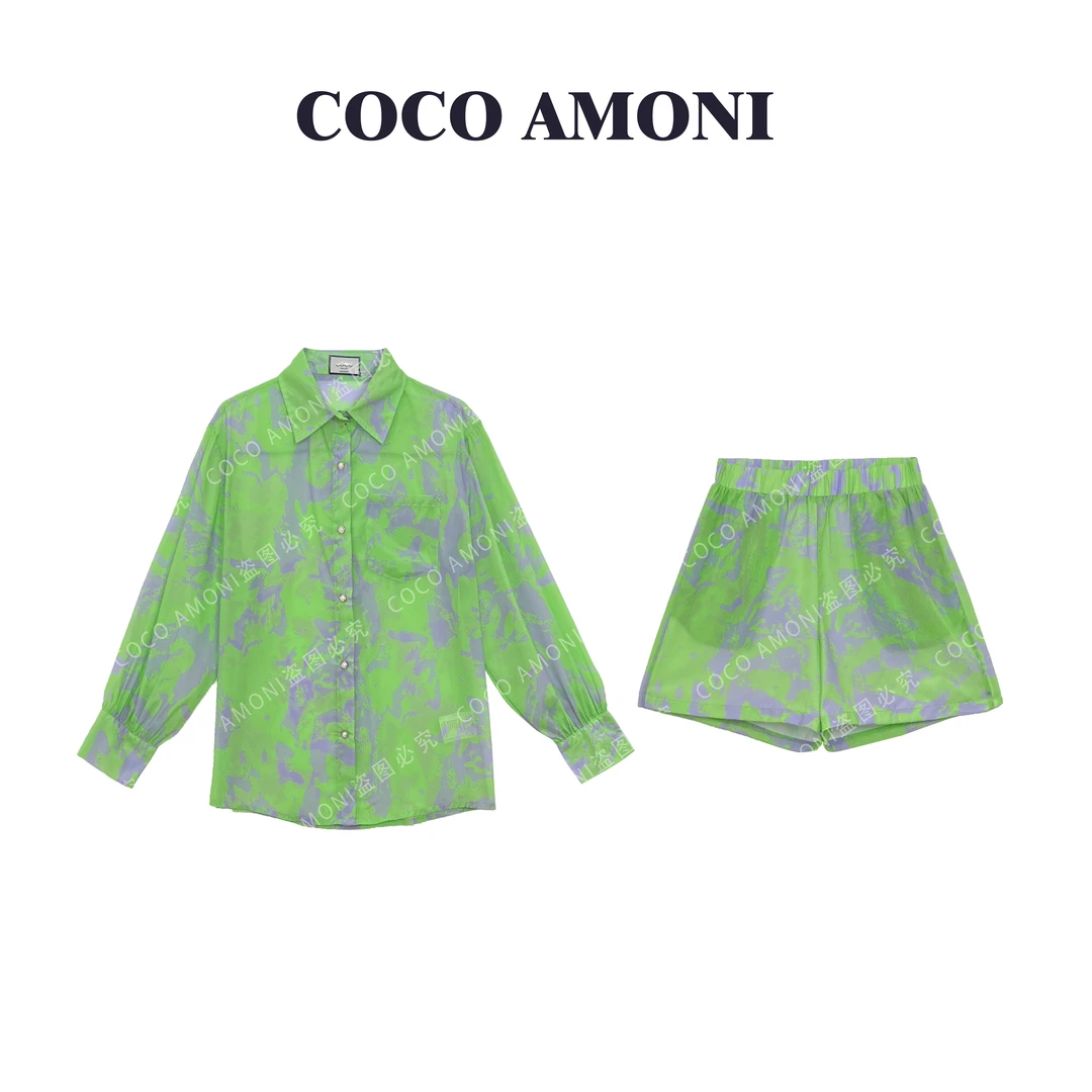 时尚潮流百搭撞色印花长袖防晒套装长袖上衣短裤两件套FS113