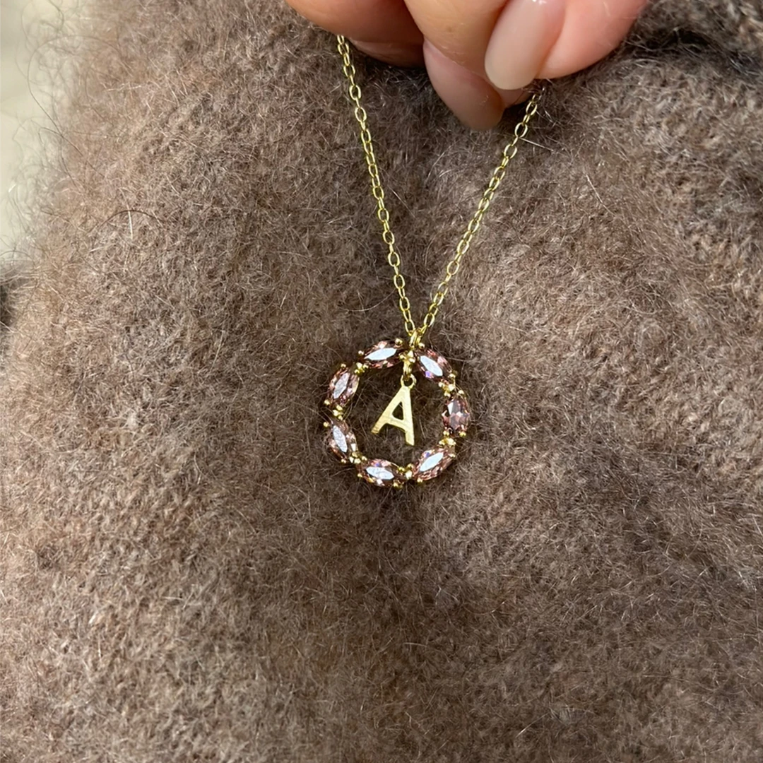 坠链均925银 【孙二娘】小众设计精致粉色锆石字母项链TC 6786