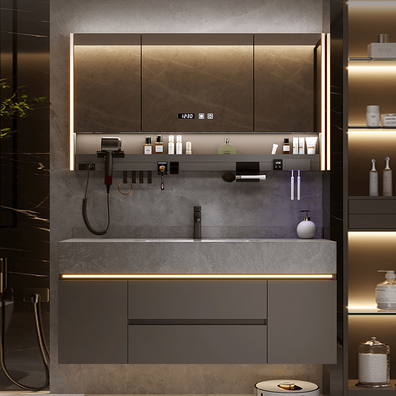 法式轻奢风实木浴室柜组合岩板热弯一体盆柜洗漱台洗手洗脸盆K2