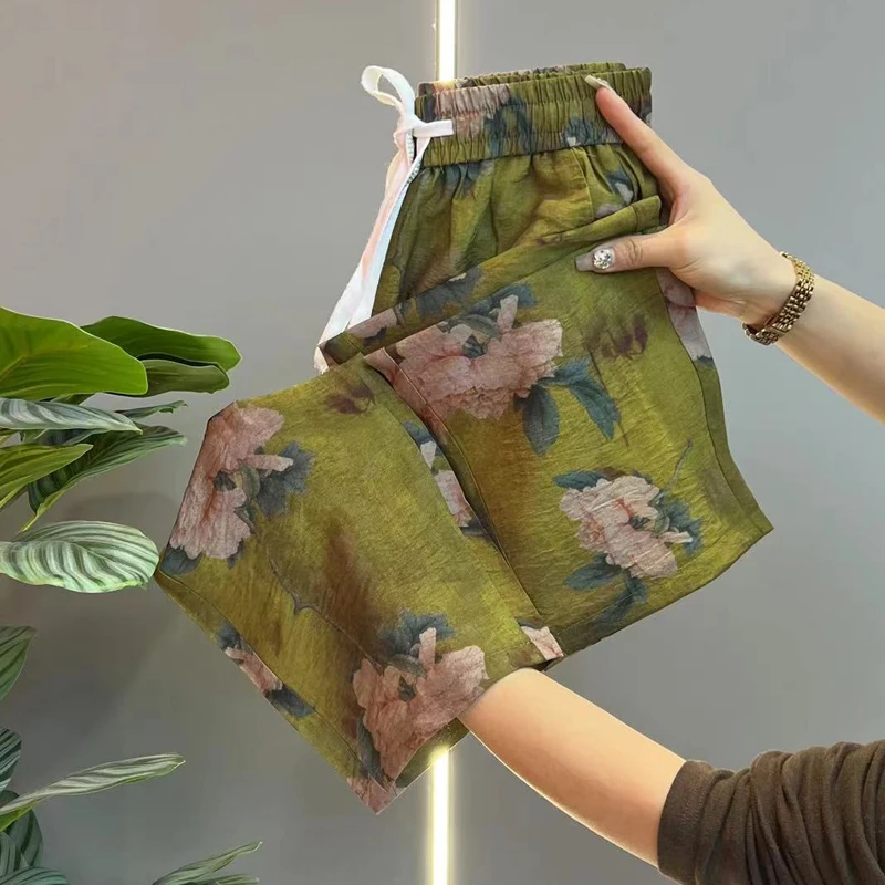 2024春夏季新款女裤复古民族风宽松印花色宽松显瘦宣麻高腰九分裤