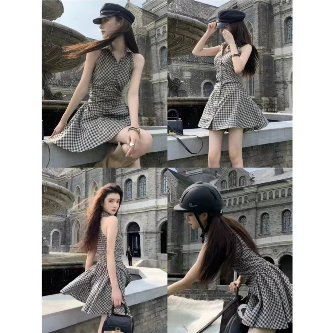 甜酷少女格子连衣裙女夏季纯欲风辣妹小个子收腰无袖衬衫裙子