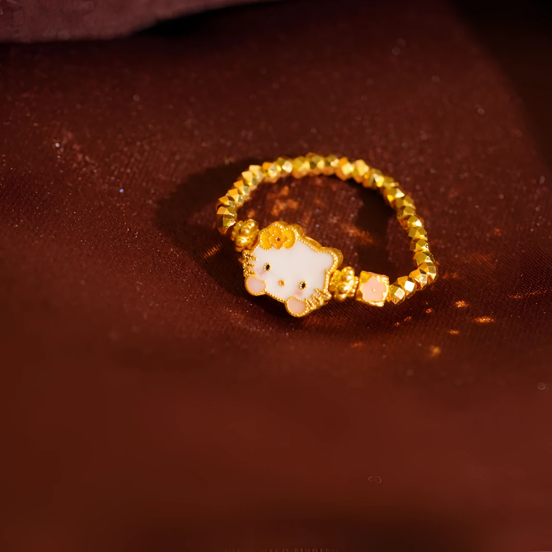 气质可爱足金999烧蓝珐琅卡通猫精致蹦迪珠戒圈JZ0078