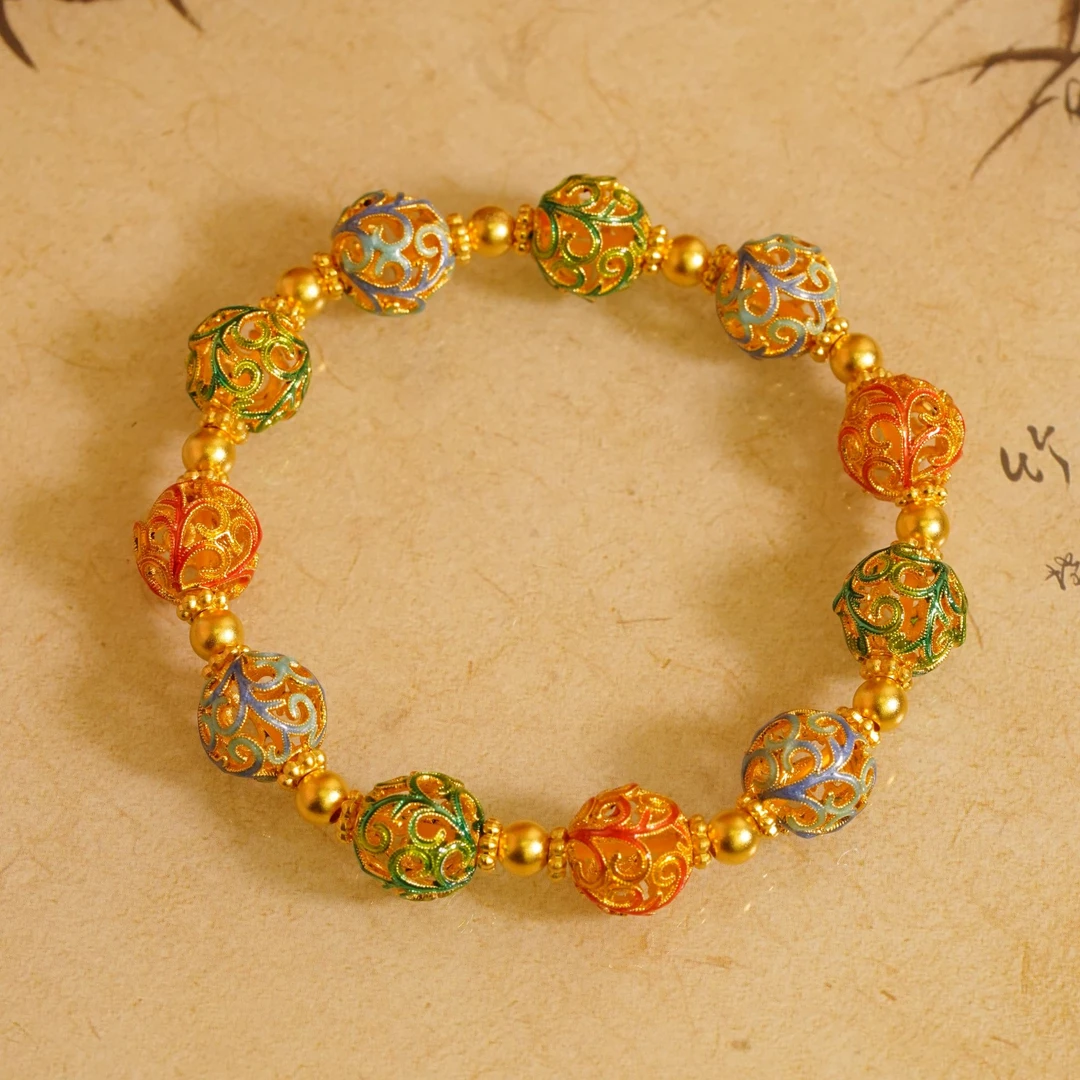 【温蒂专属】足金999国风卷草纹手工多彩花丝玲珑珠古法烧蓝 HZ0027