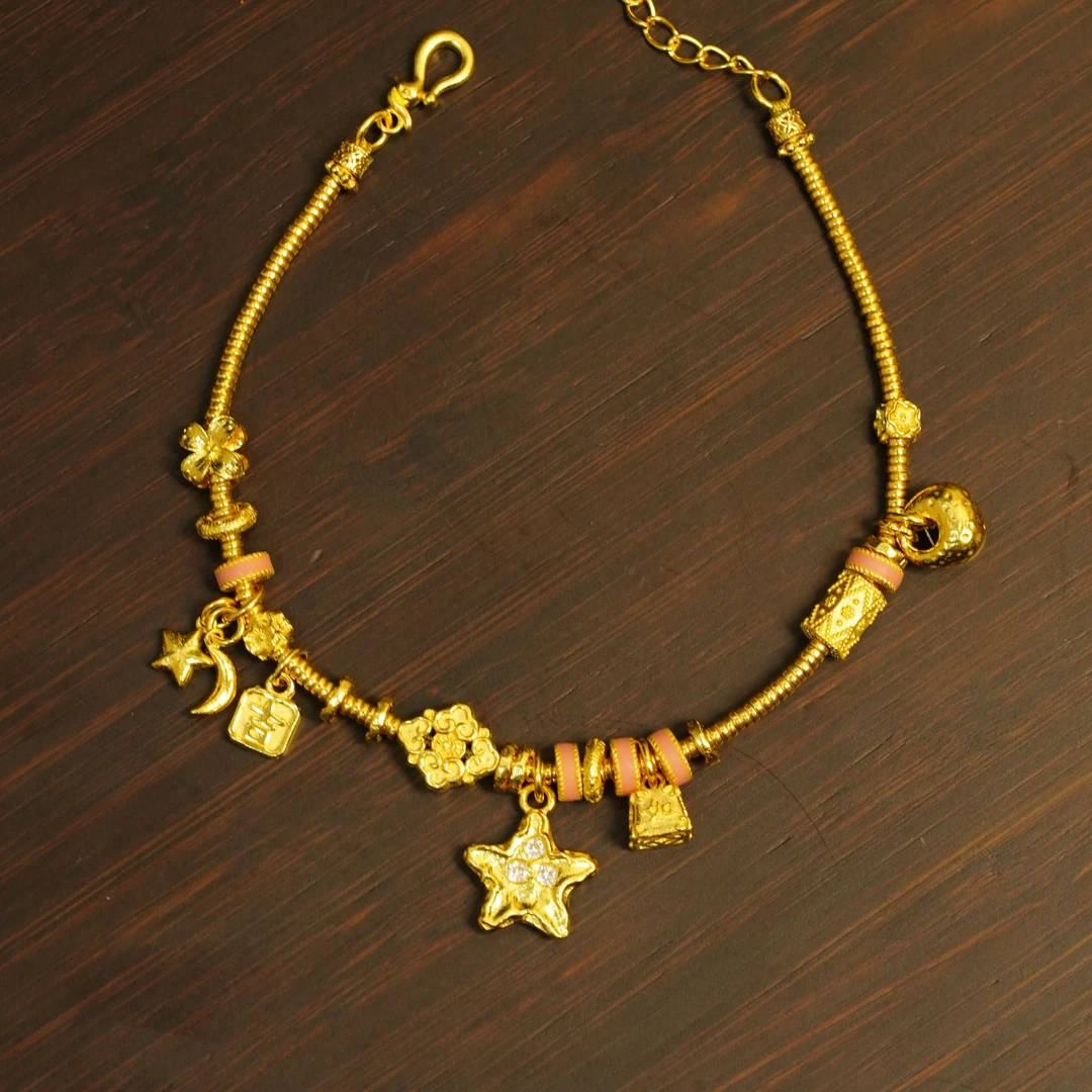 【温蒂专属】足金999锤纹星星粉色跑环星星月亮胖福提溜手链
