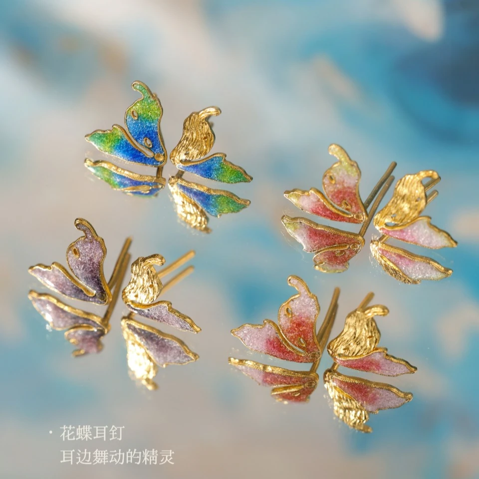 足金999烧蓝珐琅小蝴蝶耳钉 EH0033
