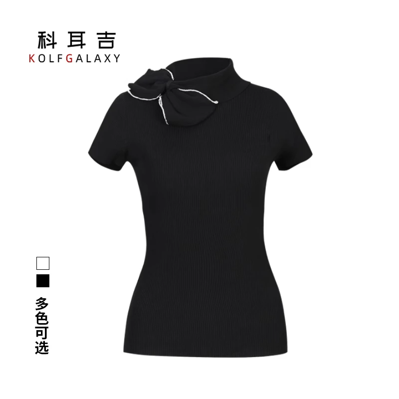 科耳吉 夏季新款女士上衣时尚休闲蝴蝶结衬衣女短袖高尔夫T恤显瘦