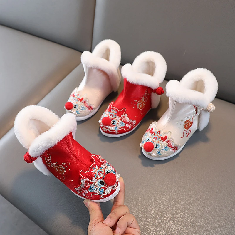 古风汉服鞋子女童冬季中国风拜年鞋儿童红色棉靴绣花鞋民族风靴子
