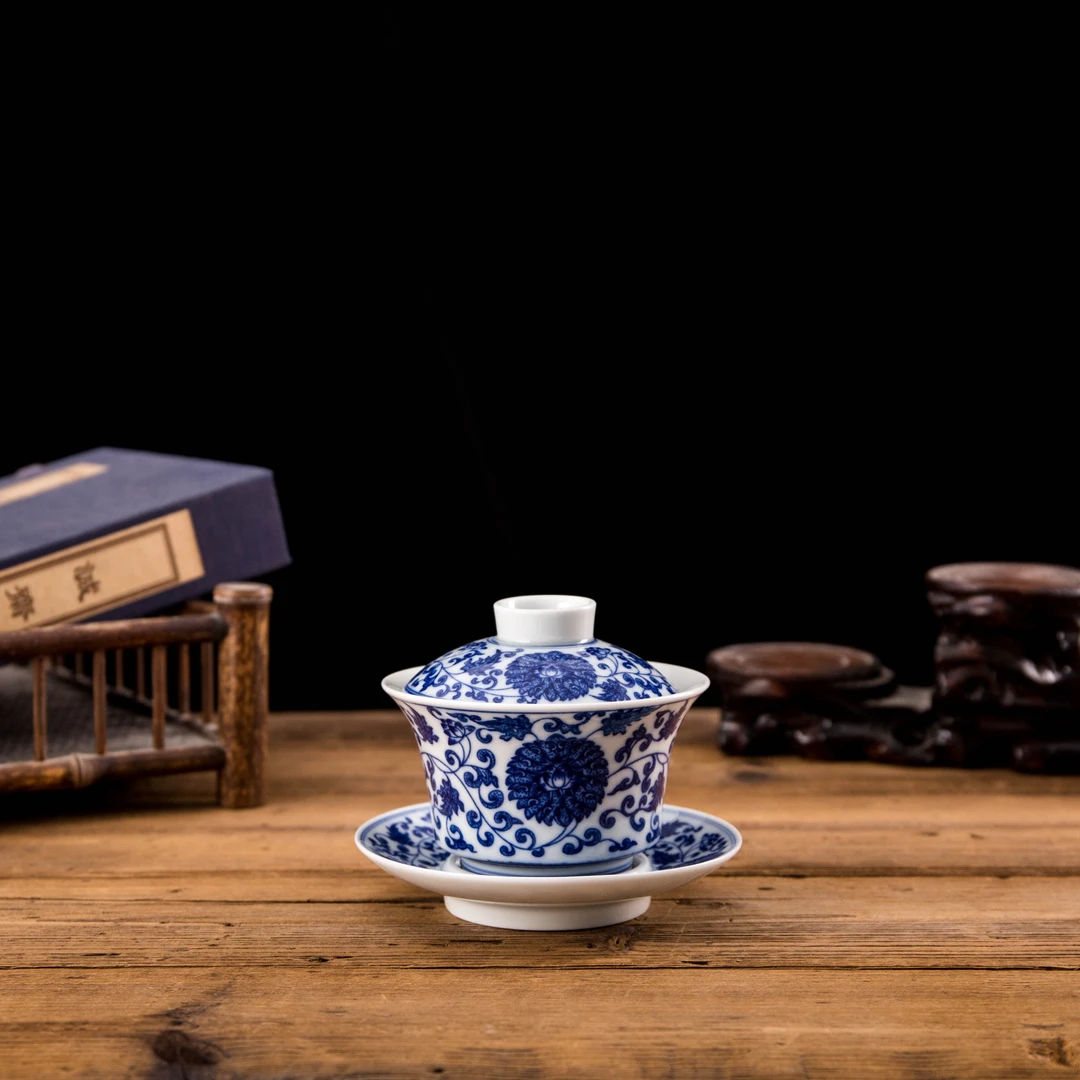 景窑茗瓷景德镇仿古陶瓷青花缠枝莲不烫手盖碗瓷盖碗大号家用家用