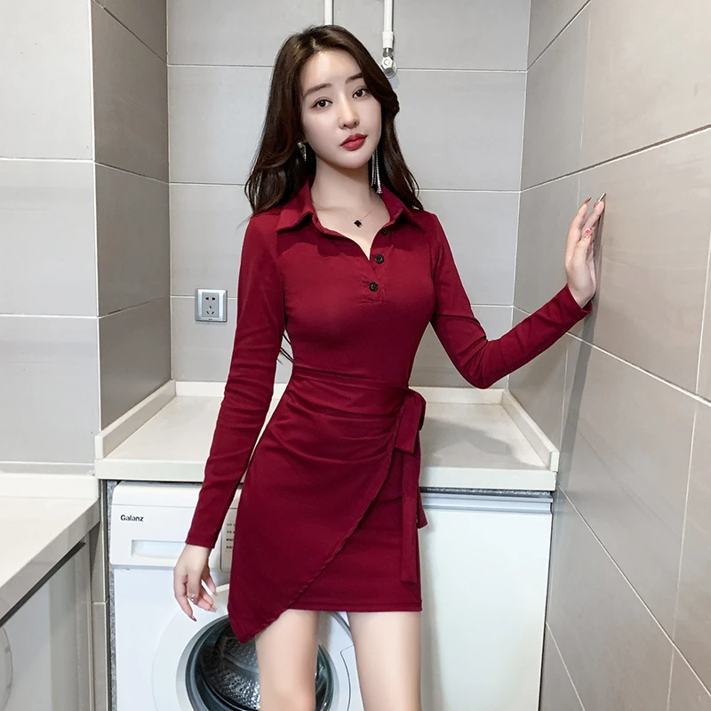 不规则气质连衣裙秋冬性感加绒加厚裙子女绑带收腰修身POLO包臀裙