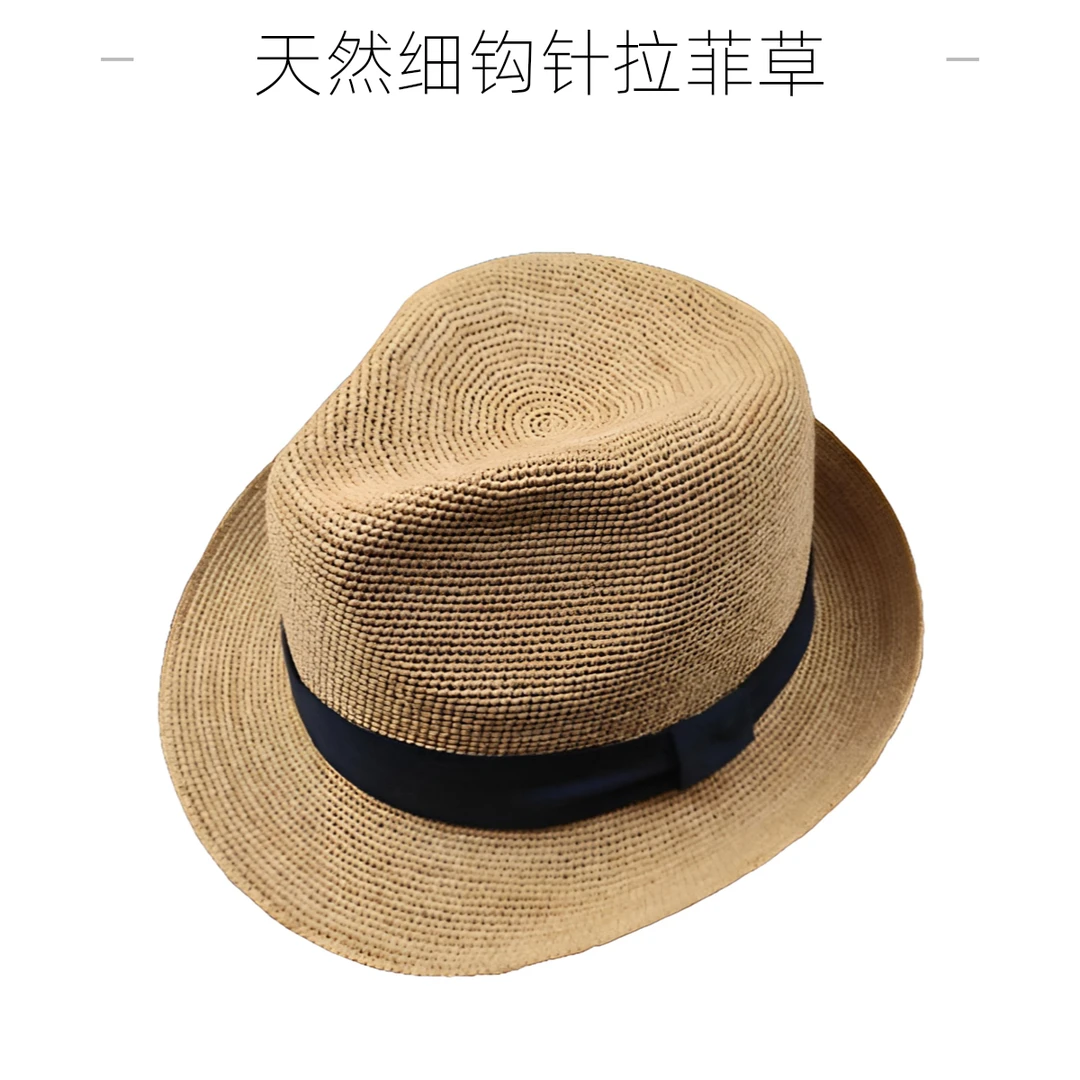 钩针手工拉菲草礼帽夏天男女透气草帽沙滩防晒帽可折叠编织爵士帽